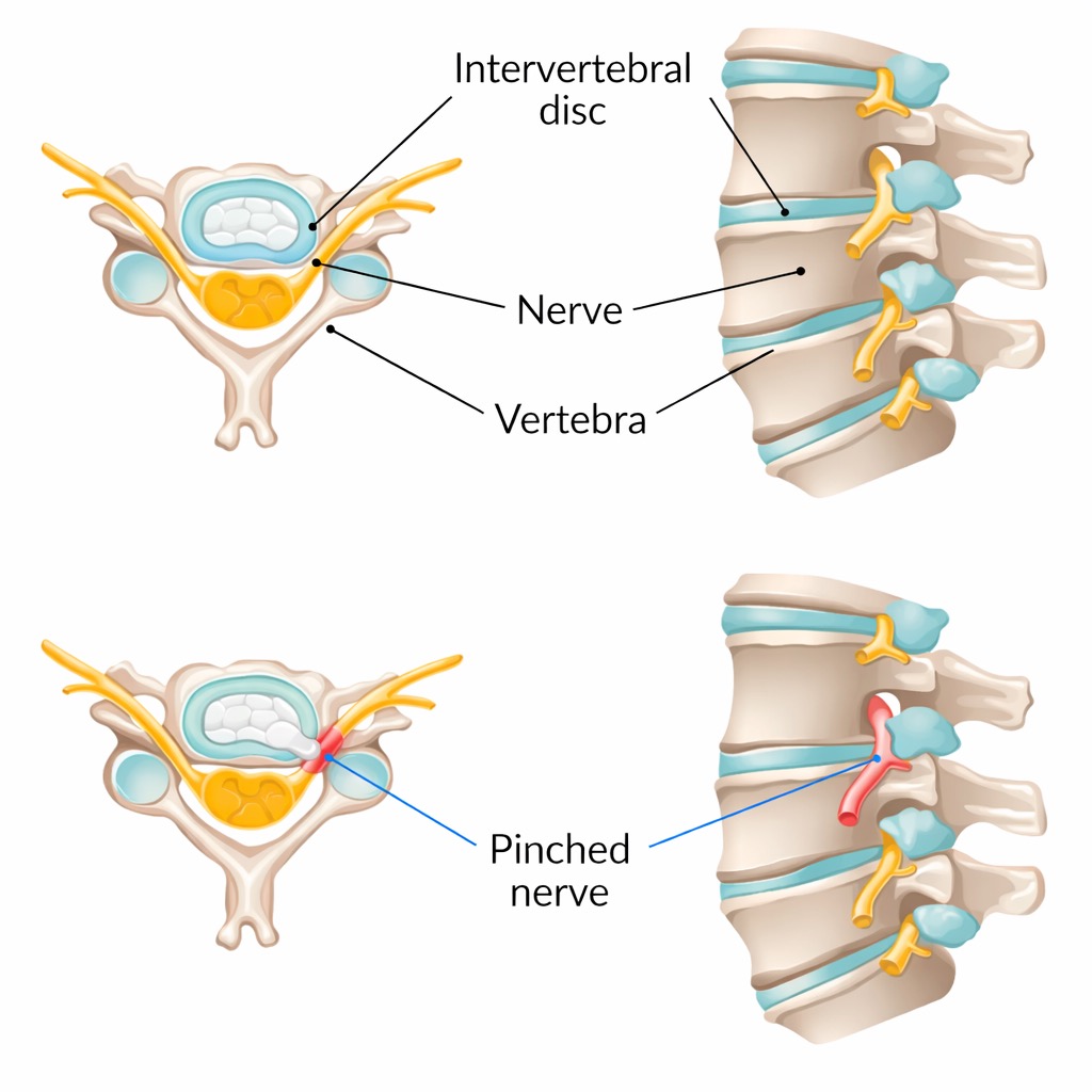 Diagram of the cervical spine showing the vertebrae, discs, and nerve roots, with a herniated disc pressing on a nerve